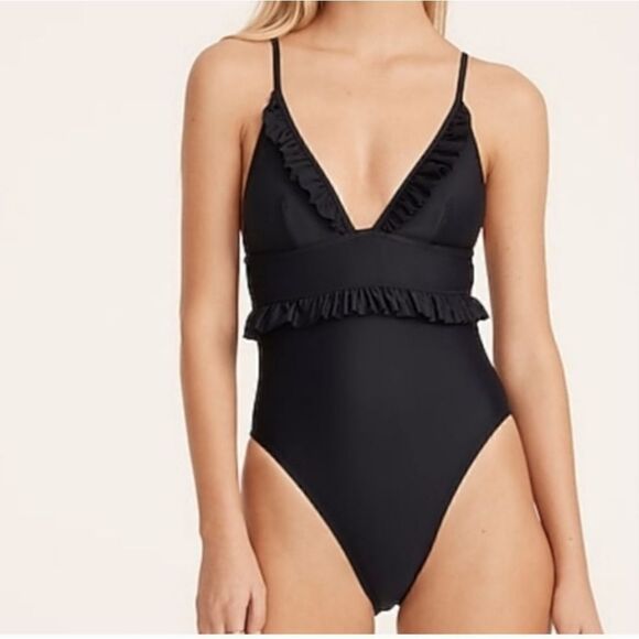 J Crew Deep Plunge Ruffle Swimsuit Black Size 0 NWT - Picture 2 of 13